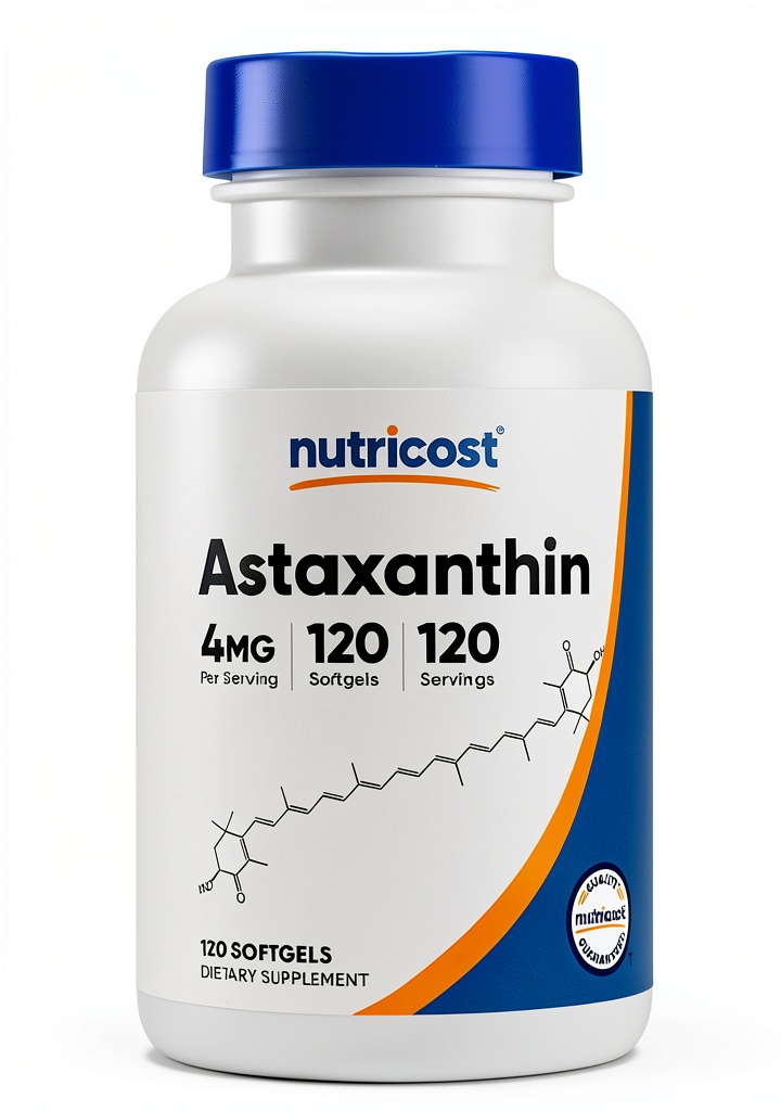 Unboxing Nutricost Astaxanthin 4mg 120 Softgels Natural Antioxidant on a kitchen counter
