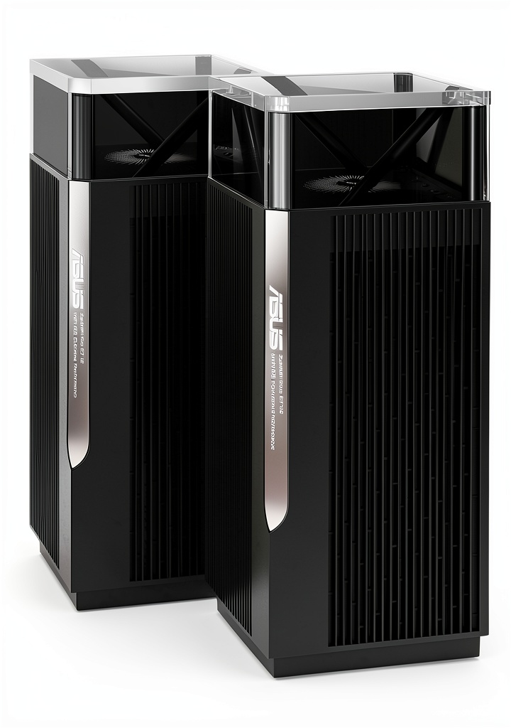 ASUS ET12 mesh routers placed in a living room and home office